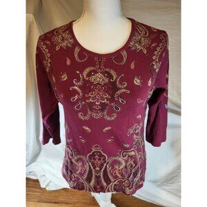 Vtge Cactus Brand Burgandy Rhinestone 3/4 Sleeve Top‎ Size Large